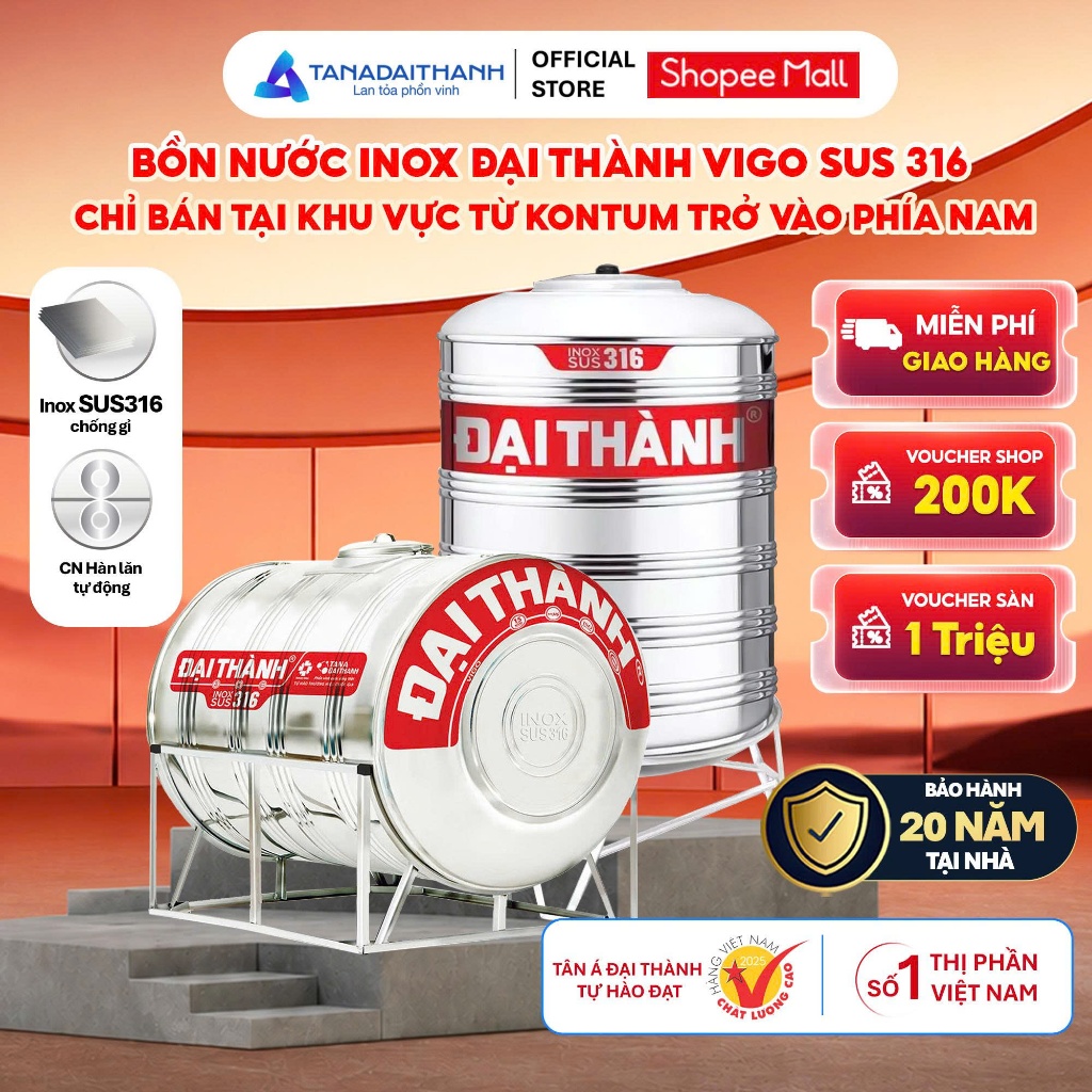 [GIAO MIỀN NAM] Bồn Nước Inox Đại Thành Vigo 500L 1000L 1500L 2000L - Inox 316 Cao Cấp, Chống Phèn M