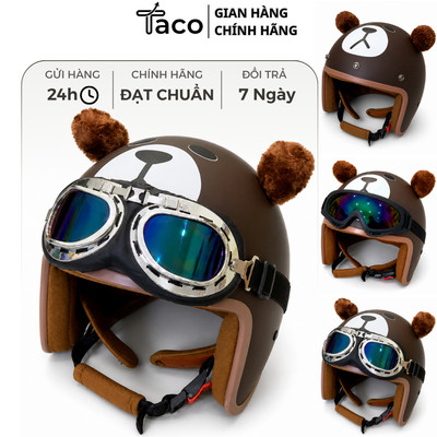 TACO - Mũ Bảo Hiểm 3/4 Pikachu, Doraemon, Gấu Nâu Brown, Lót Nâu Cao Cấp, Đạt Chuẩn CR, Siêu Dễ Thương
