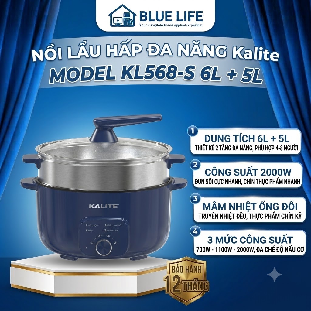 Nồi Lẩu Hấp Đa Năng KALITE KL568-S, 2 Tầng - Công suất 2000W, Hàng Chính Hãng