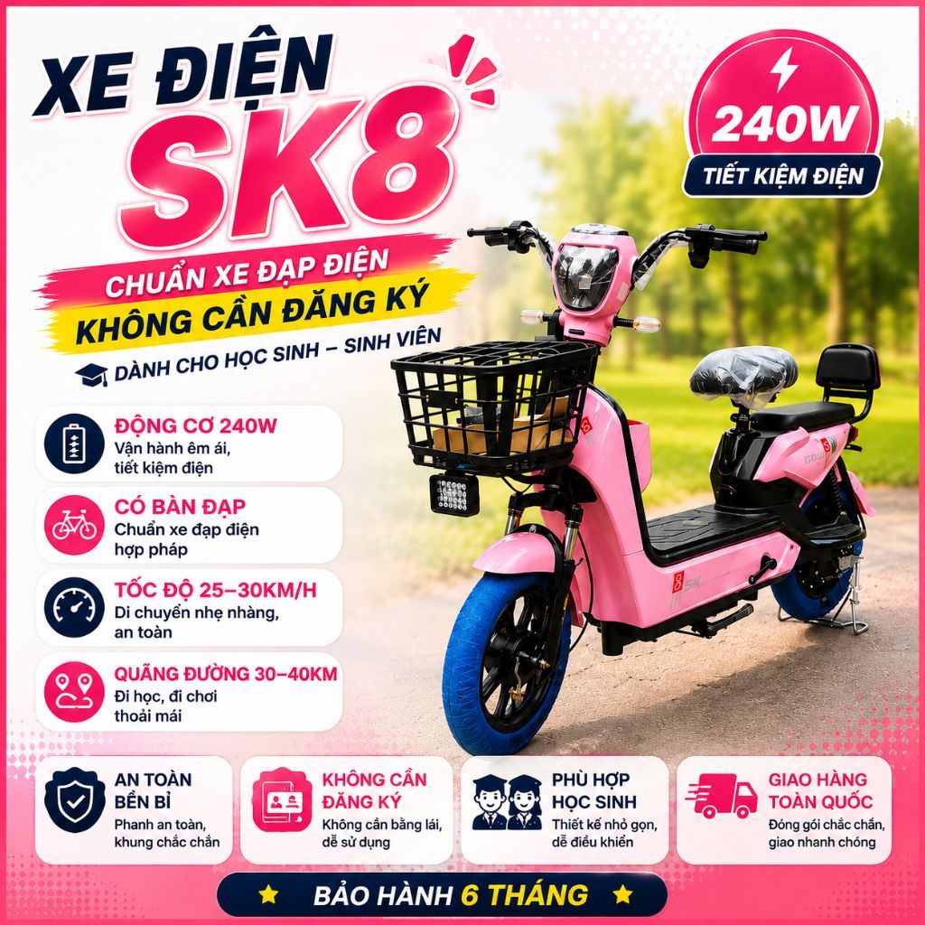 Xe đạp điện SK8 bản Kim Cương, di chuyển 40km 1 lần sạc, Động cơ 240w lõi đồng