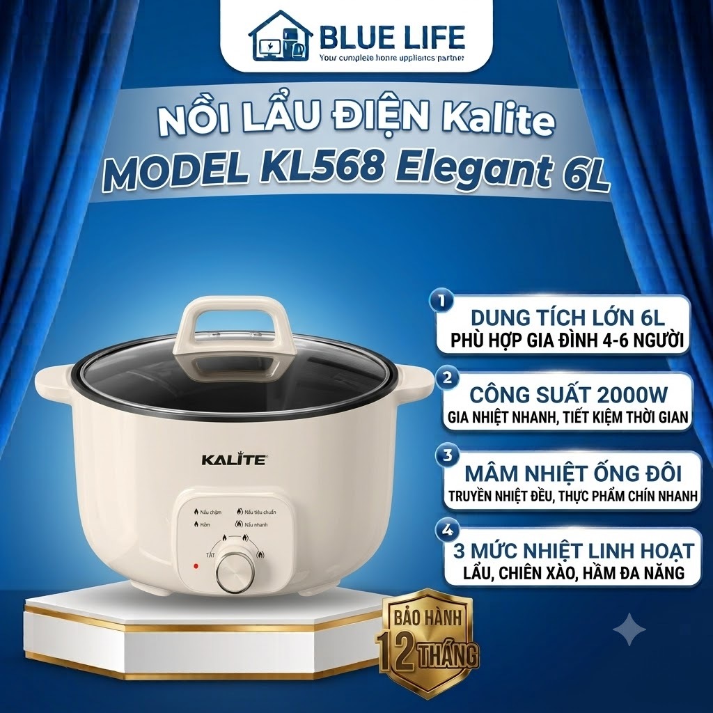 Nồi Lẩu Đa Năng KALITE KL568 Elegant, Dung Tích 6L - Công Suất 2000W - Điều Khiển 3 Mức Nhiệt Linh H