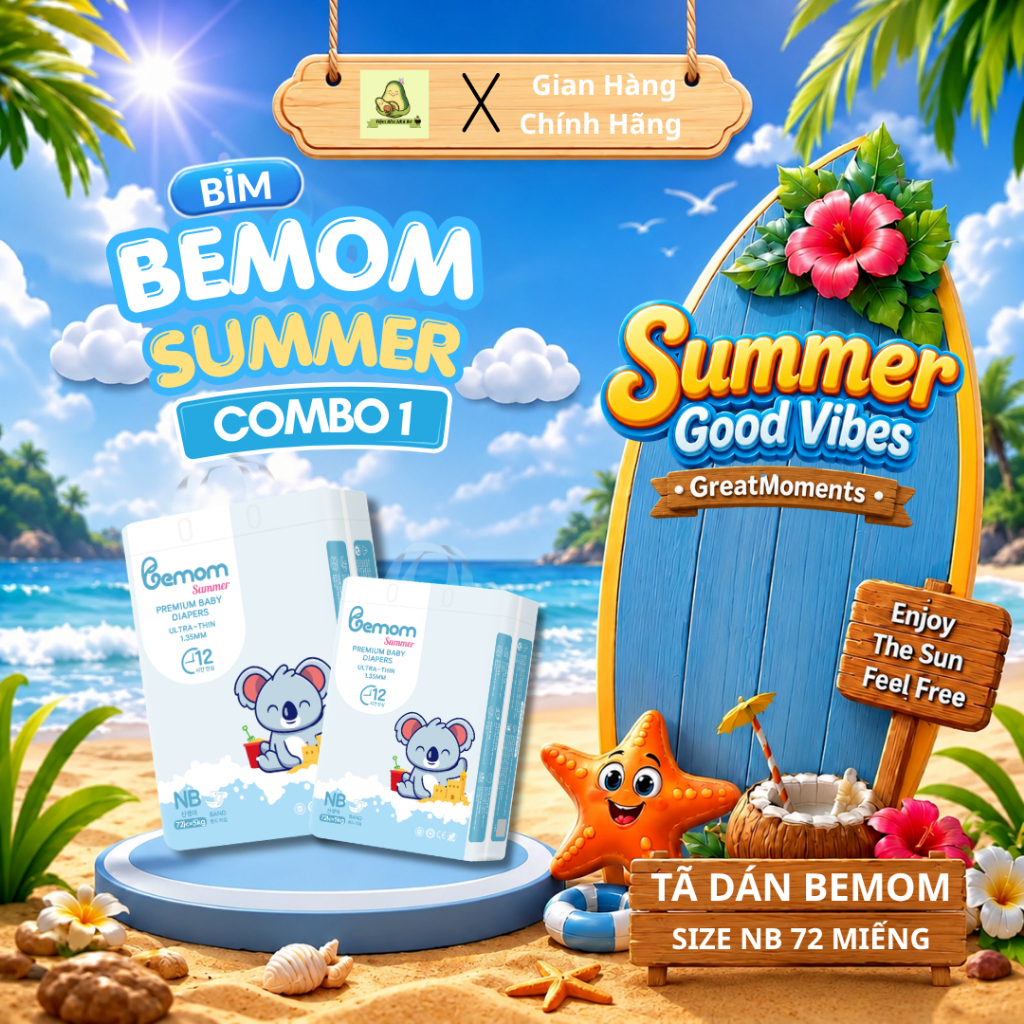 Tã/Bỉm Dán Bemom Summer chính hãng, mềm mỏng thoáng khí Size NB 72 miếng