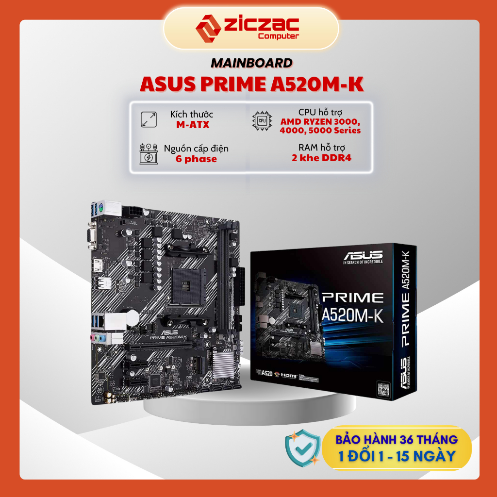 Mainboard ASUS Prime A520M-K  (A520 AMD Ryzen AM4, 2x DDR4) - Chính hãng