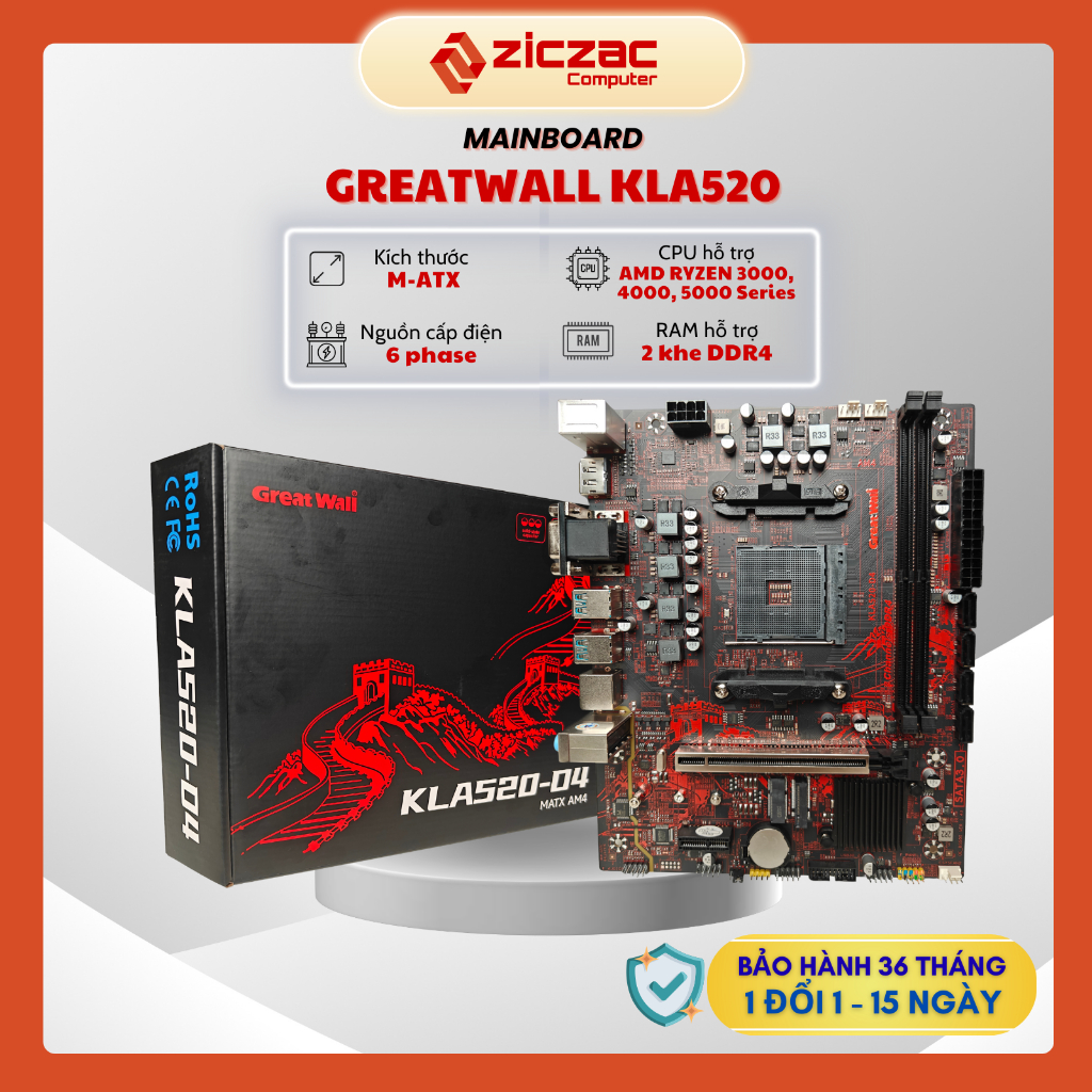 Mainboard Greatwall KLA520-D4 (AMD Ryzen AM4 - Chipset A520 - 2x DDR4 - mATX) - Chính hãng
