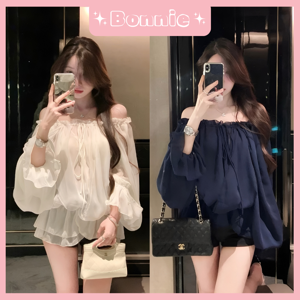 Áo kiểu trễ vai dài tay chất liệu chiffon thắt eo tôn dáng Bonnie