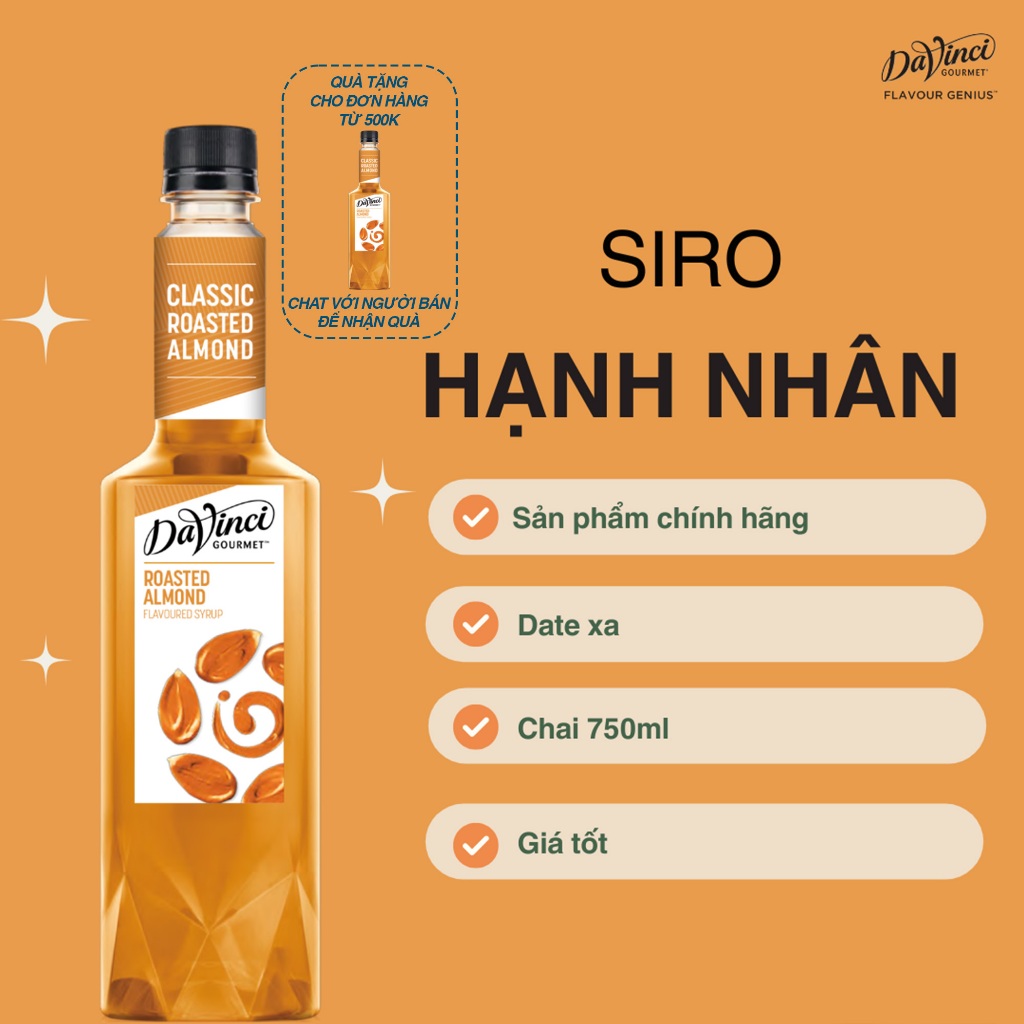 Siro HẠNH NHÂN RANG Davinci gourmet date xa thơm béo chuẩn pha chế