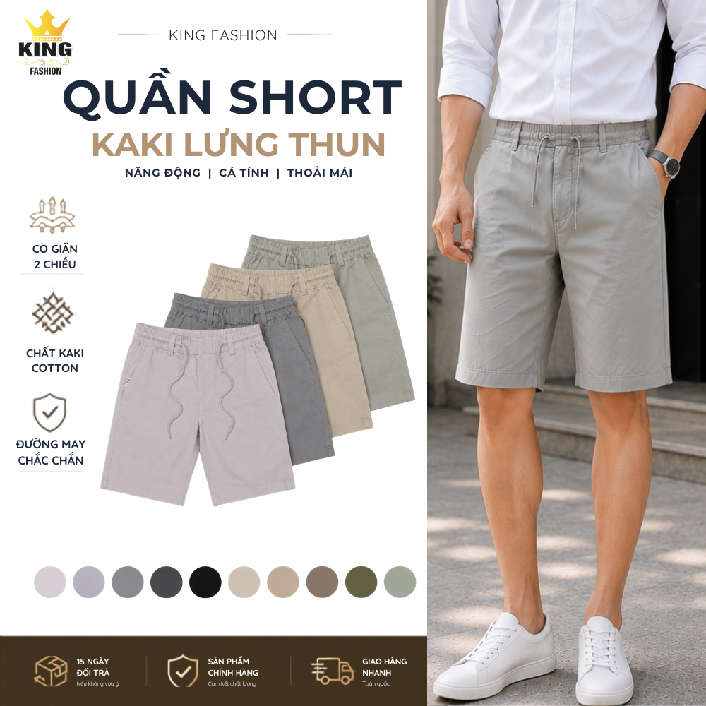 Quần Short Kaki Nam KING Fashion Lưng Thun Co Giãn Form Thoải Mái Có Khóa Kéo KK-QSLT