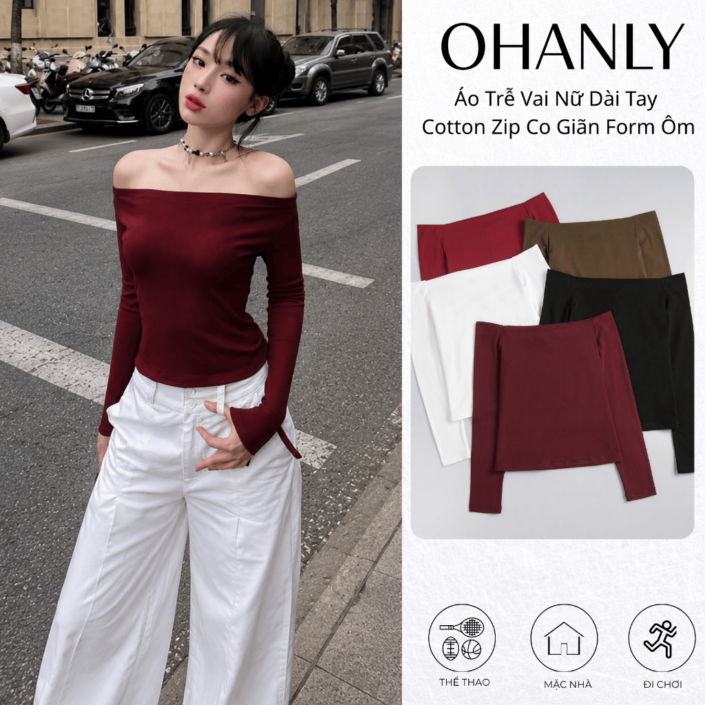 Áo Trễ Vai Nữ Dài Tay Cotton Zip Co Giãn Form Ôm Tôn Dáng Basic Hàn Quốc Mặc Đi Chơi Đi Làm 38 Ohanly