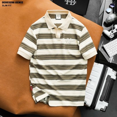 Áo polo nam HEBOZ collar V striped 2M form slim fit vải dệt gân nổi họa tiết sọc ngang - 00003298