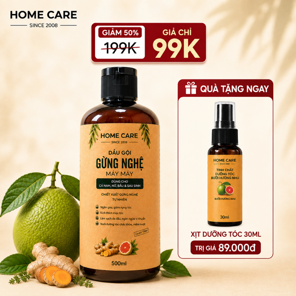 [TẶNG XỊT DƯỠNG TÓC] Dầu Gội Gừng Nghệ Home Care 500ml - Hỗ Trợ Mọc Tóc, Giảm Gàu Ngứa, Mềm Mượt Tóc