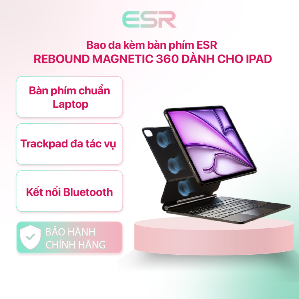 Bao da kèm bàn phím ESR Rebound Magnetic 360 cho iPad Pro/Air M3/M4/M5 Gen10/11 - Màu đen