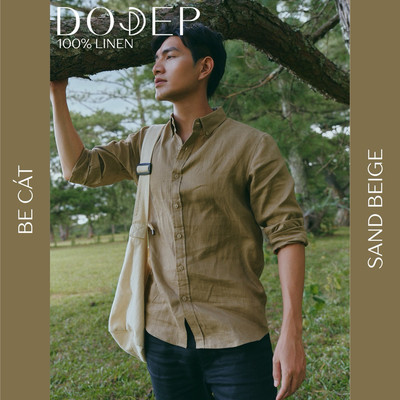 DODEP Áo sơ mi nam linen 100% tay dài cổ button-down