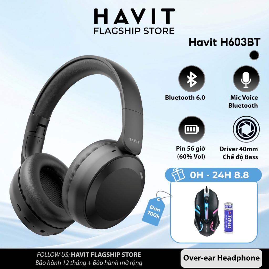 Tai nghe Bluetooth Headphone Havit H603BT Pin 58 tiếng | Bluetooth 6.0