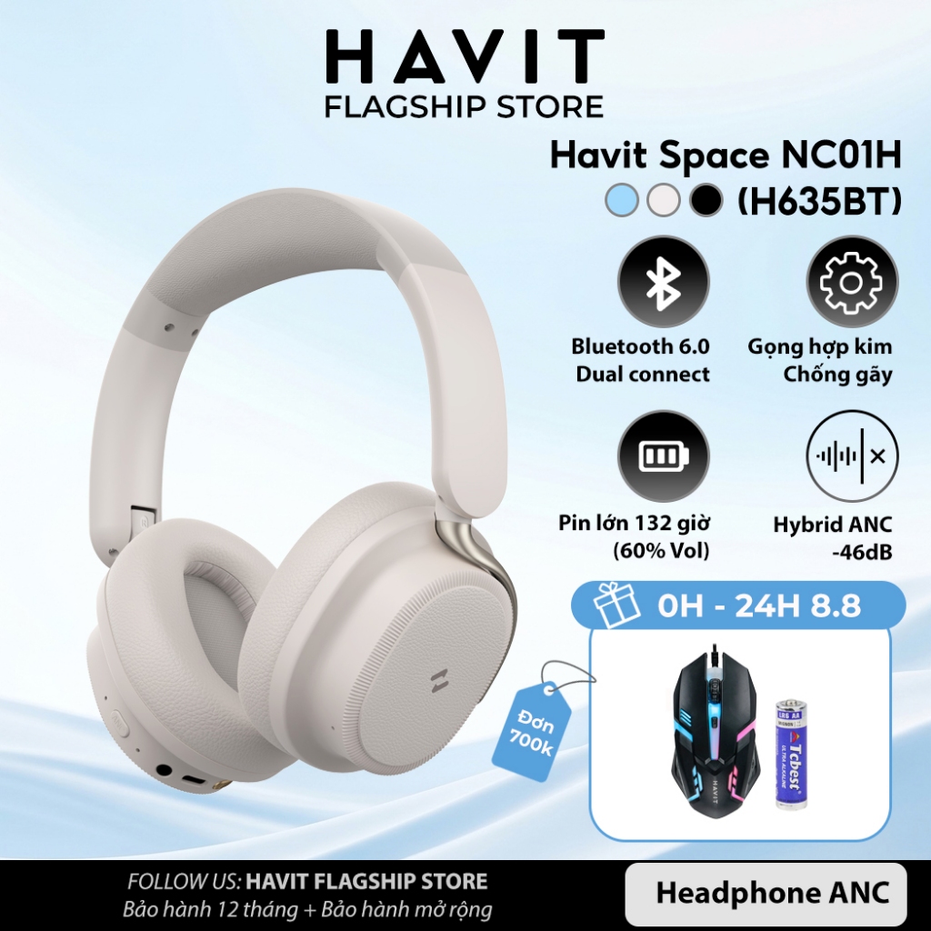 Tai nghe Bluetooth Headphone Havit Space NC01H Pin 132 tiếng | ANC 43dB | Kết Nối 2 TB | BT 6.0 | BigBuy360 - bigbuy360.vn