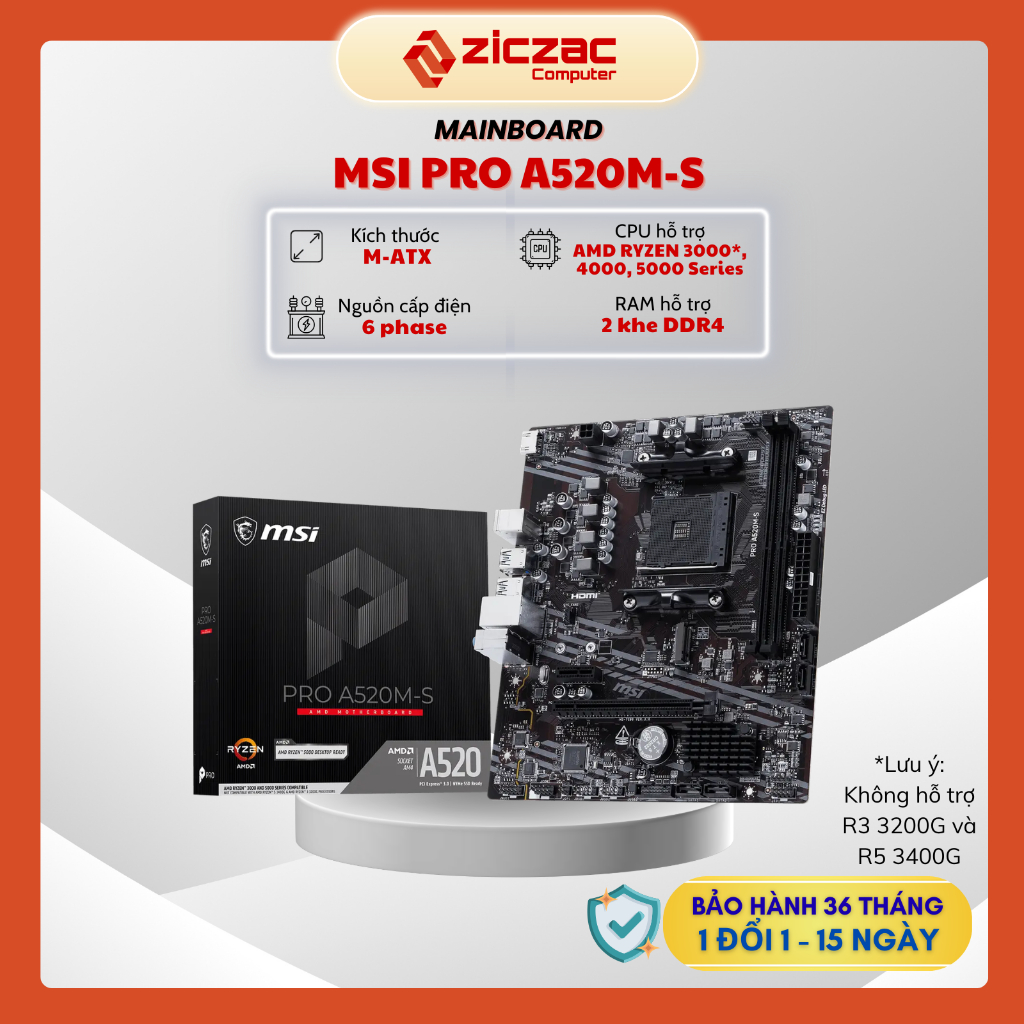 Mainboard MSI PRO A520M-S DDR4 (AMD Ryzen AM4 - Chipset A520 - mATX) - Chính hãng