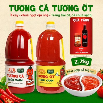 [Tặng ớt rim và nước tương 525ml] Combo 2 gồm Tương ớt Tương cà Làng Chài Xưa 2.2Kg - Ít cay Ít mặn