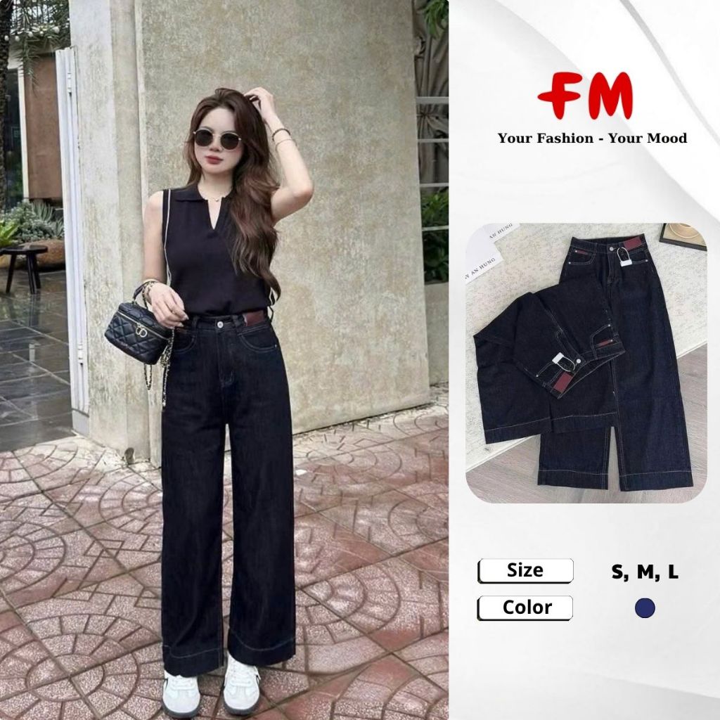 Quần Jeans Nữ Ống Suông FMSTYLE Cạp Cao 2 Túi Vuông 1Túi Viền Da Dáng Rộng Basic Thời Trang 26080116