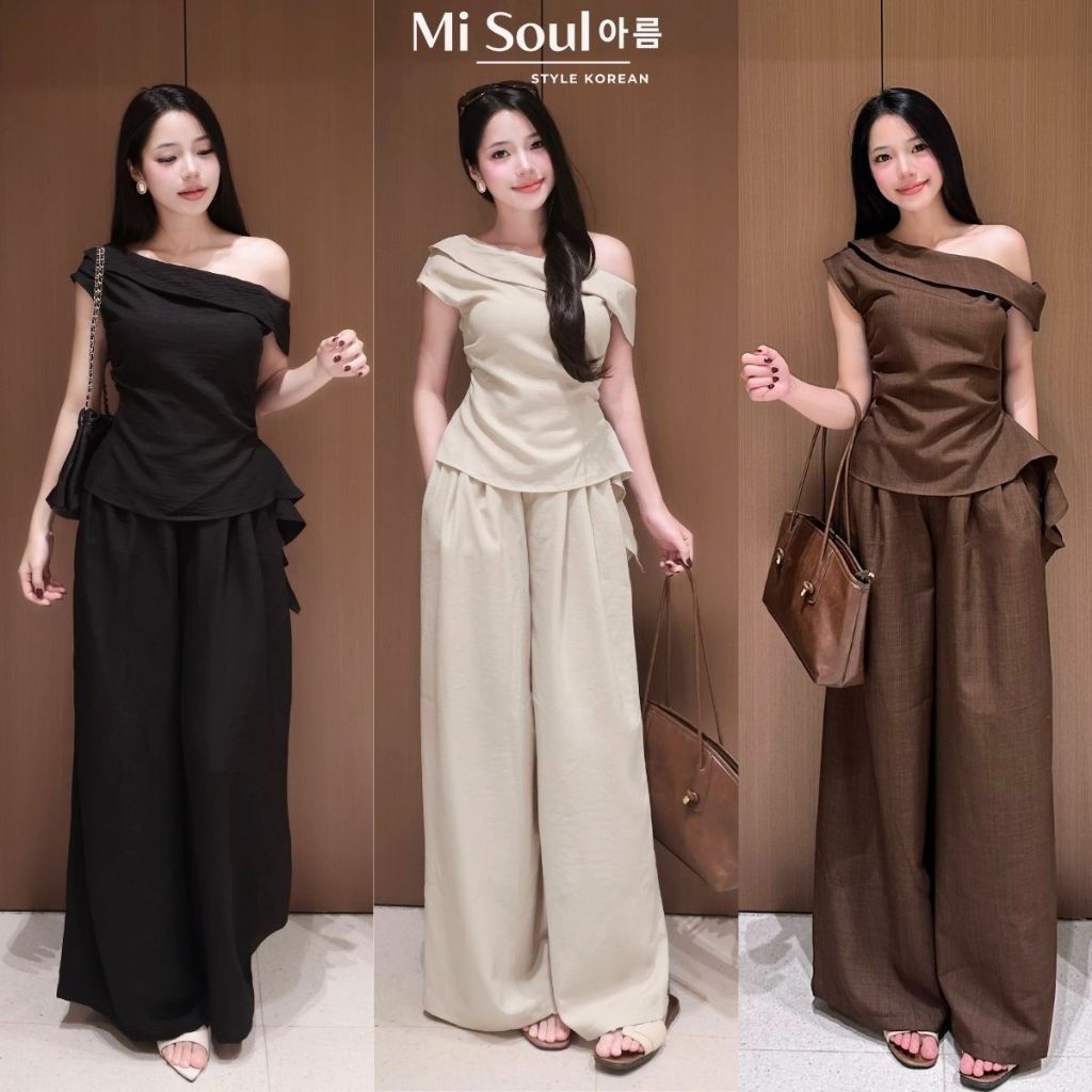 Set Áo Lệch Vai Gấu Bèo Kèm Quần Ống Suông, Bộ Linen Thắt Eo Khóa Sườn Quần…
