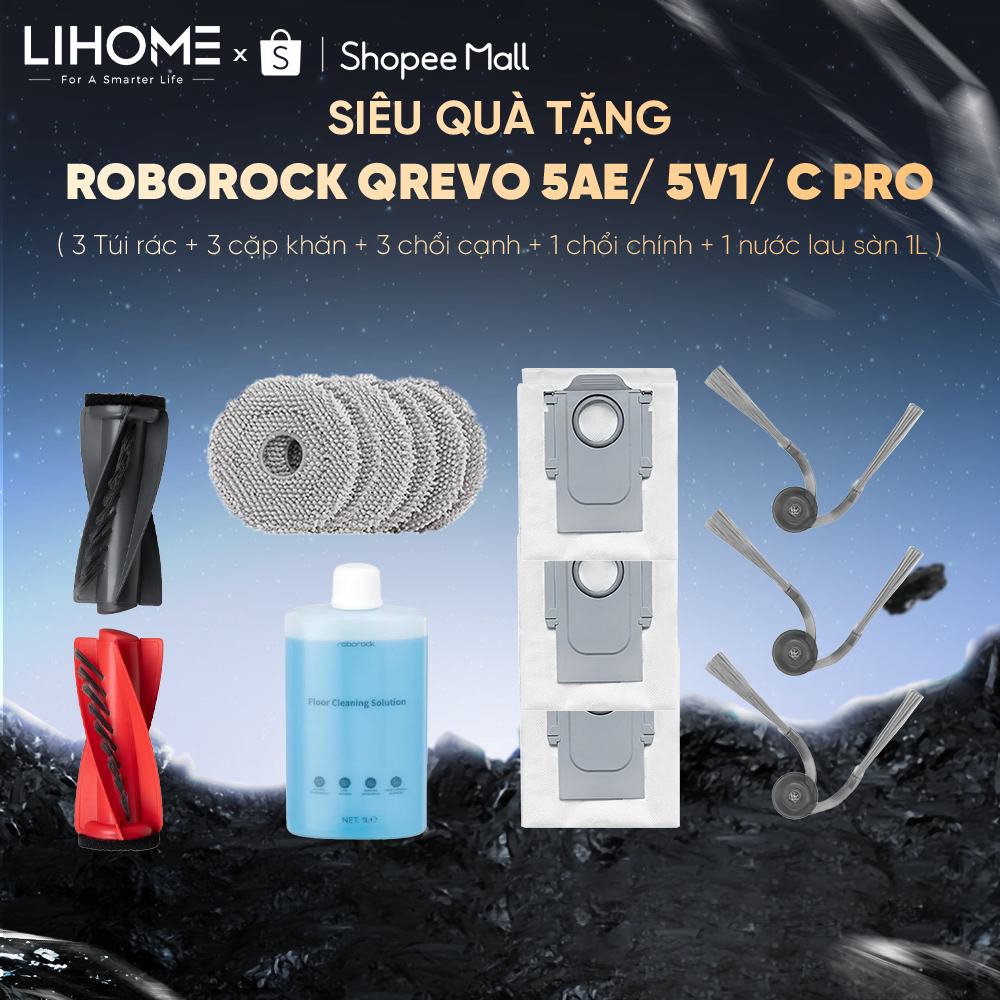 [SIÊU QUÀ TẶNG]  Roborock QREVO 5V1, 5AE, C PRO, 1 Chổi Chính, 3 túi rác, 1 nước lau sàn 1 Lít+ 3 ch