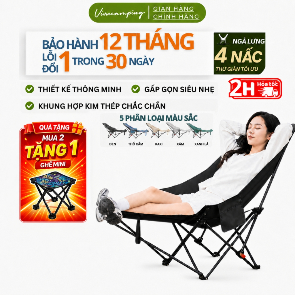 [Top 1 Bán Chạy] Ghế gấp gọn ngả lưng Vivu Outdoor chịu lực tốt, Ghế xếp gọn cắm trại dã ngoại