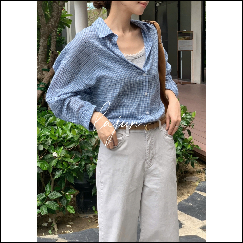 [LAJUN KOREA] Áo Sơ Mi Evan Check Tay Dài Kẻ Caro Form Oversize Chất Mỏng Nhẹ Mềm Mát Daily