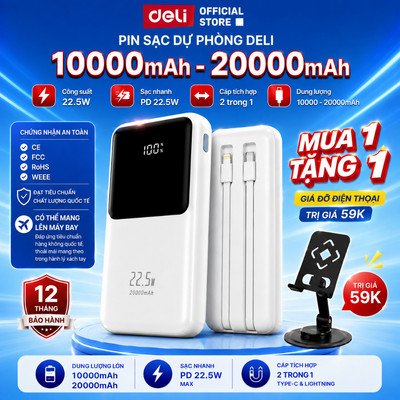 Sạc Dự Phòng DELI 10000mAh 20000mAh Sạc Nhanh 22.5W Tích Hợp 2 Dây Cáp Sạc Cùng Lúc Nhiều Thiết Bị