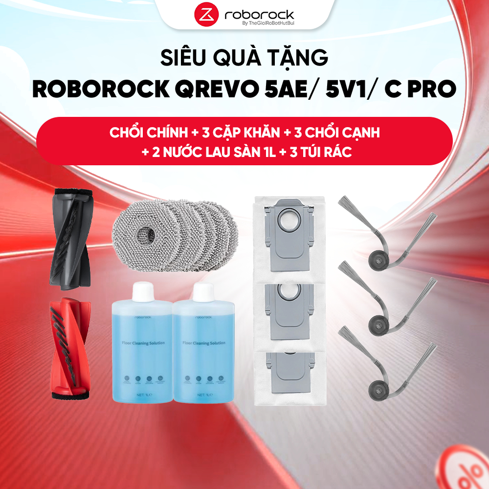 Siêu Quà Tặng Roborock Qrevo 5Ae/ 5V1/ C Pro_ Chổi chính + 3 cặp khăn + 2 nước lau sàn 200ML + 3 chổ