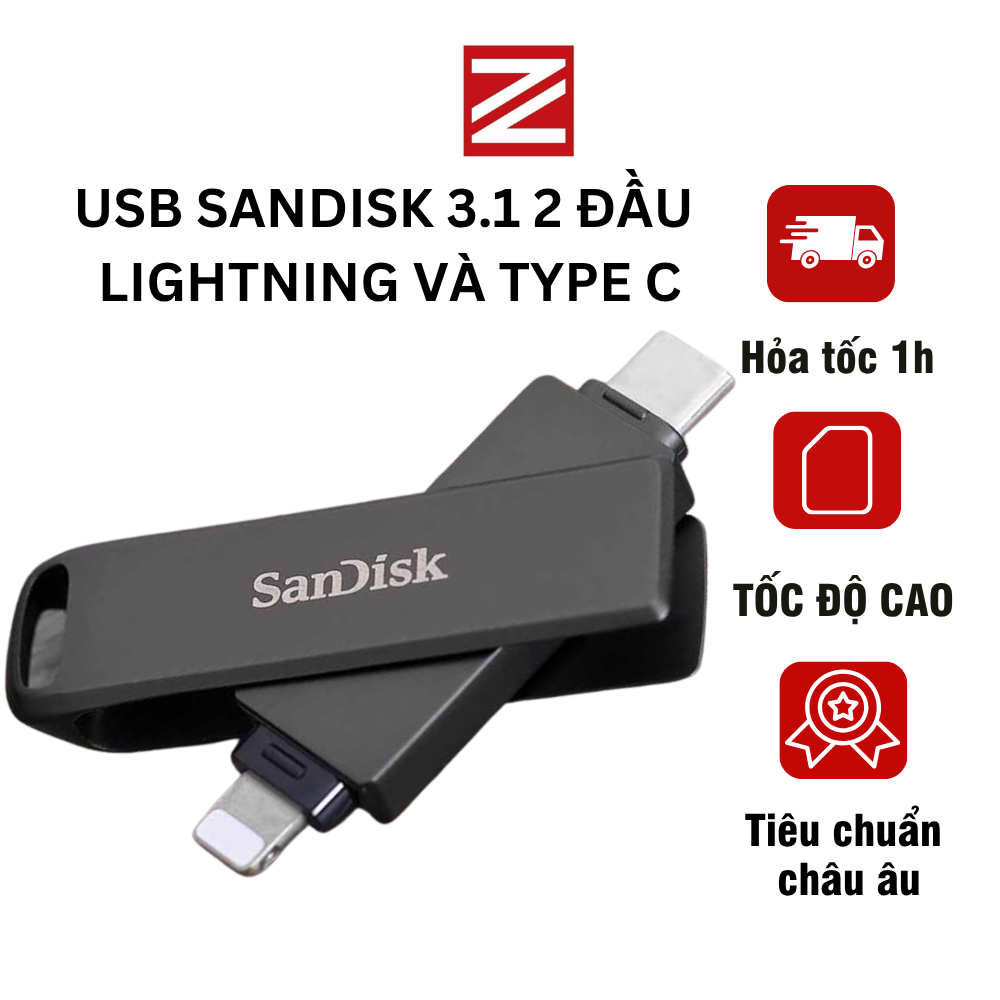 USB SanDisk iXpand Luxe 64GB 128GB 256GB 2 Đầu Lightning + Type C USB 3.1 Cho iPhone iPad Android