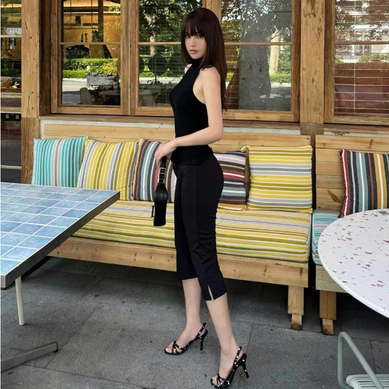 SUXING | Quần Ống Loe Nữ Dáng Lửng Co Giãn Phối Ống Xẻ Trendy