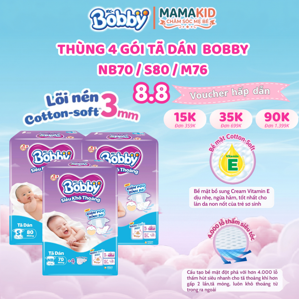 (Thùng 4 gói) Tã dán sơ sinh Bobby NB70 (XS70) / S80 / M76 - Lõi nén cotton-soft 3mm siêu thoáng khí