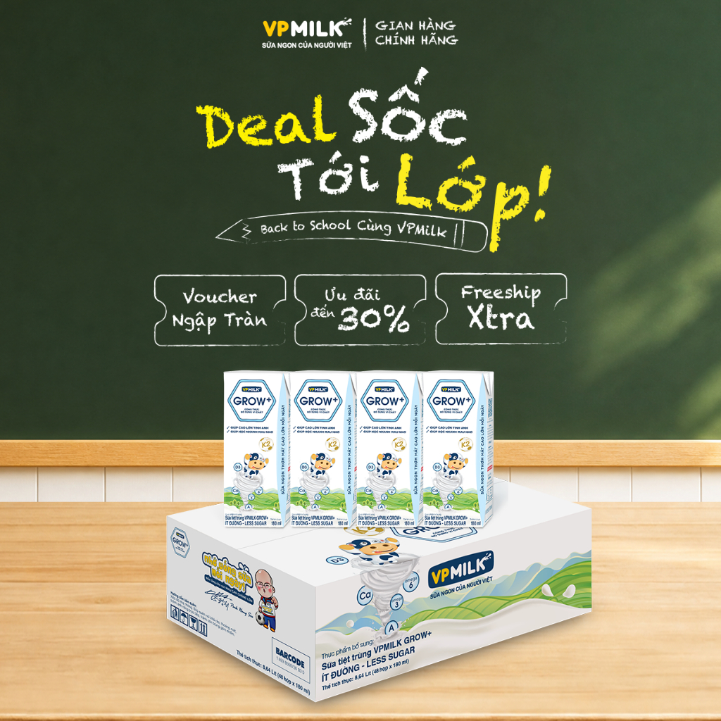 Sữa Tiệt Trùng VPMilk Grow+ Ít Đường hộp 180ml (thùng 48 hộp)