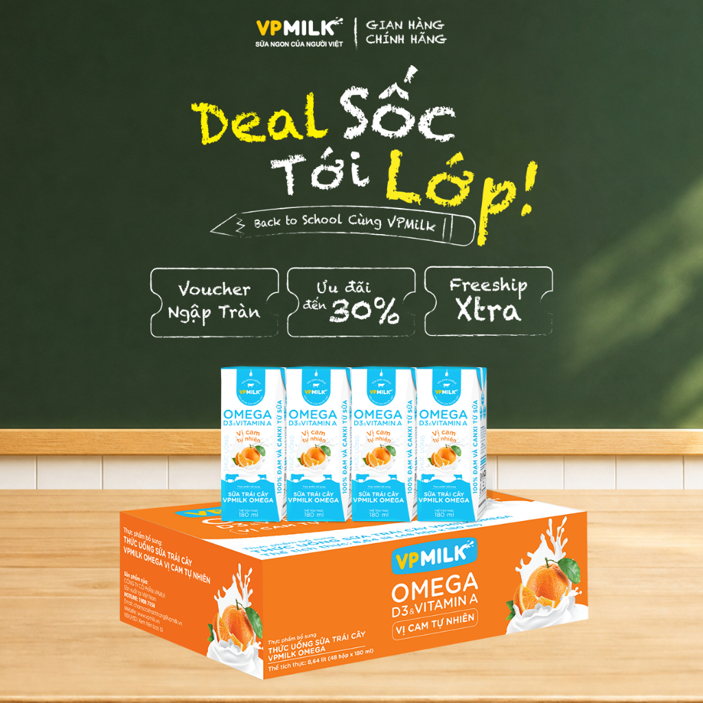 Sữa trái cây VPMILK Omega vị CAM tự nhiên hộp 180ml (Thùng 48 hộp)