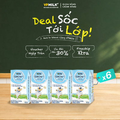 [Combo 6 lốc] Sữa tiệt trùng VPMilk Grow+ Có Đường 110ml Cho Bé Từ 1 Tuổi (4 hộp x 6)