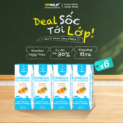 [NỬA THÙNG 6 lốc] Sữa trái cây VPMILK Omega vị CAM tự nhiên 180ml (4 hộp x 6)