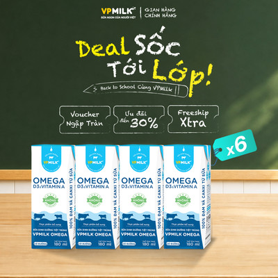 [Combo 6 lốc] Sữa Dinh Dưỡng Tiệt Trùng VPMilk Omega CÓ ĐƯỜNG dạng hộp 180ml (4 hộp x 6)