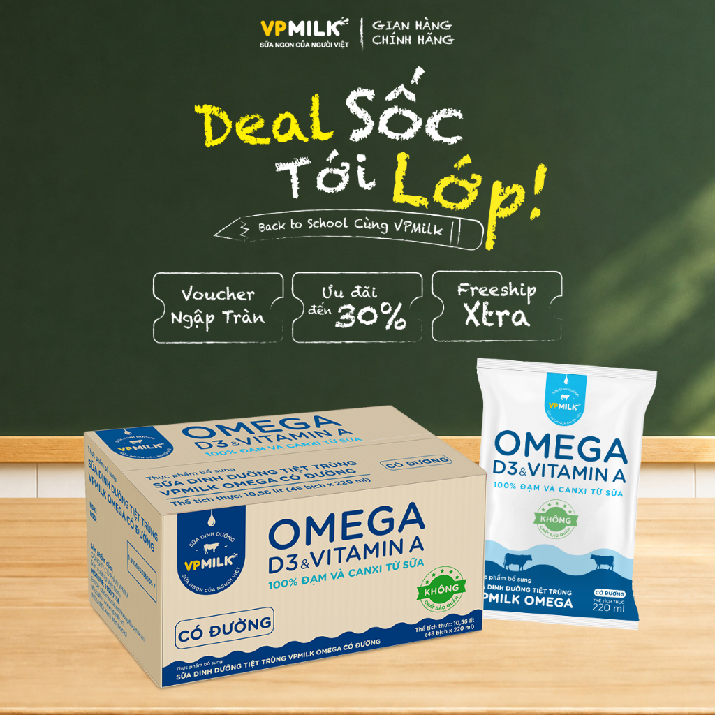 (Chỉ giao HCM) Sữa dinh dưỡng tiệt trùng VPMilk Omega BỊCH 220ml (thùng 48 bịch)