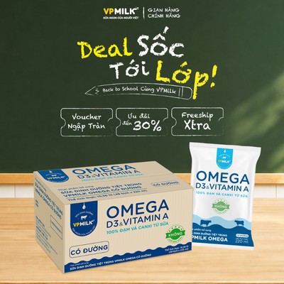 (Chỉ giao HCM) Sữa dinh dưỡng tiệt trùng VPMilk Omega BỊCH 220ml (thùng 48 bịch)