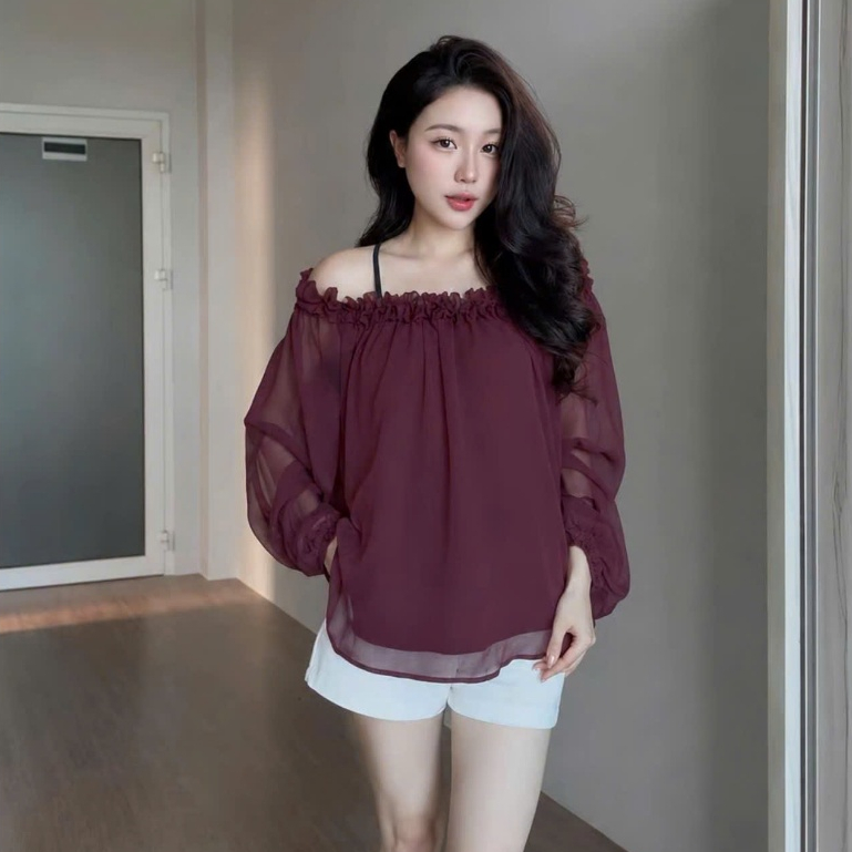 SUXING | Áo Trễ Vai Nữ Viền Bèo Tay Phồng Voan Tơ Trendy - S355
