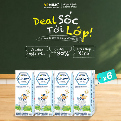 [NỬA THÙNG 6 lốc] Sữa Tiệt Trùng VPMilk Grow+ ít đường thể tích 180ml (lốc 4 hộp x 6)