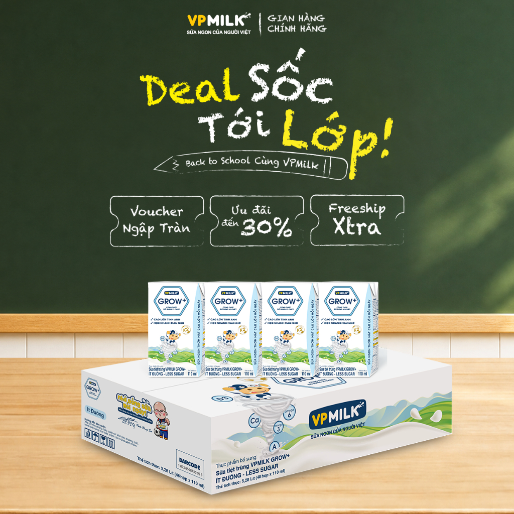 [Thùng 48 Hộp 110ml] Sữa Tiệt Trùng VPMilk Grow+ Ít Đường Cho Bé Từ 2 Tuổi