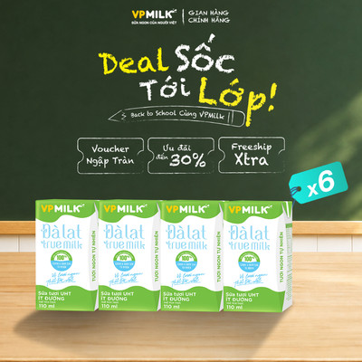 [Combo 6 lốc] sữa tươi UHT Đà Lạt True Milk VPMilk ít đường hộp 110ml (lốc 4 hộp x 6)