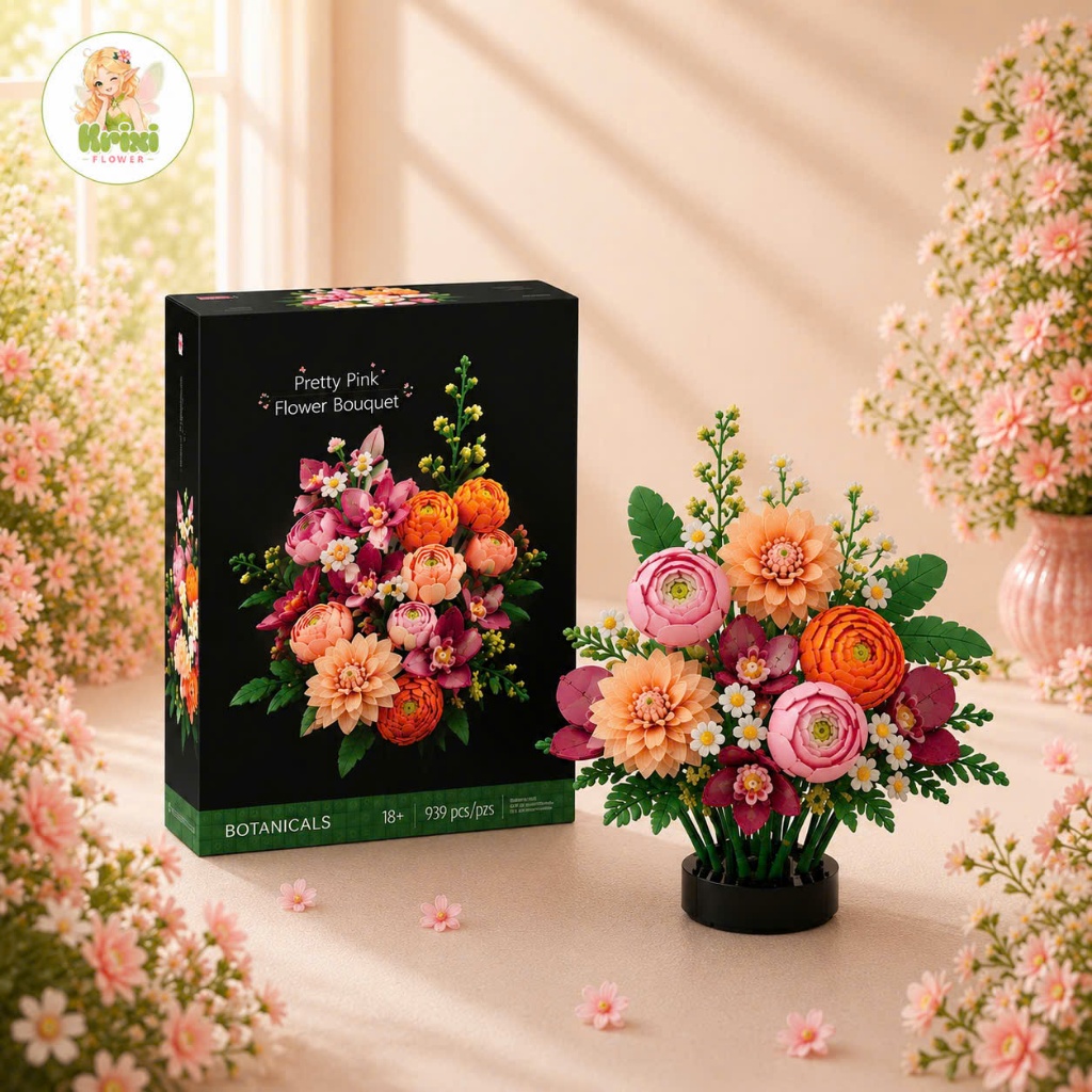 Bộ Lắp Ráp Hoa LEGO Krixi Flower Pretty Pink Flower Bouquet Trang Trí Quà Tặng