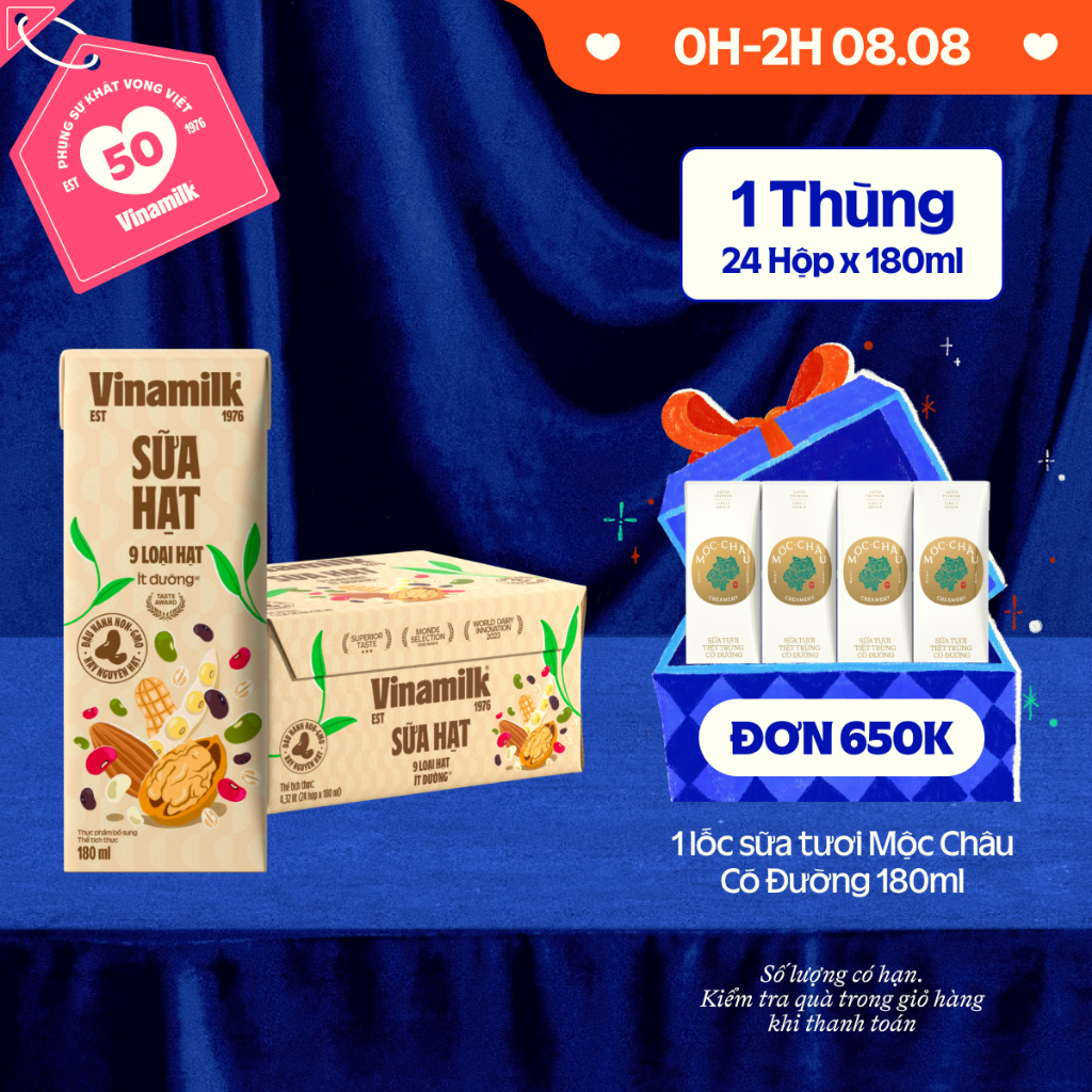 Thùng 24 hộp Sữa hạt 9 loại hạt Vinamilk ít đường - hộp 180ml