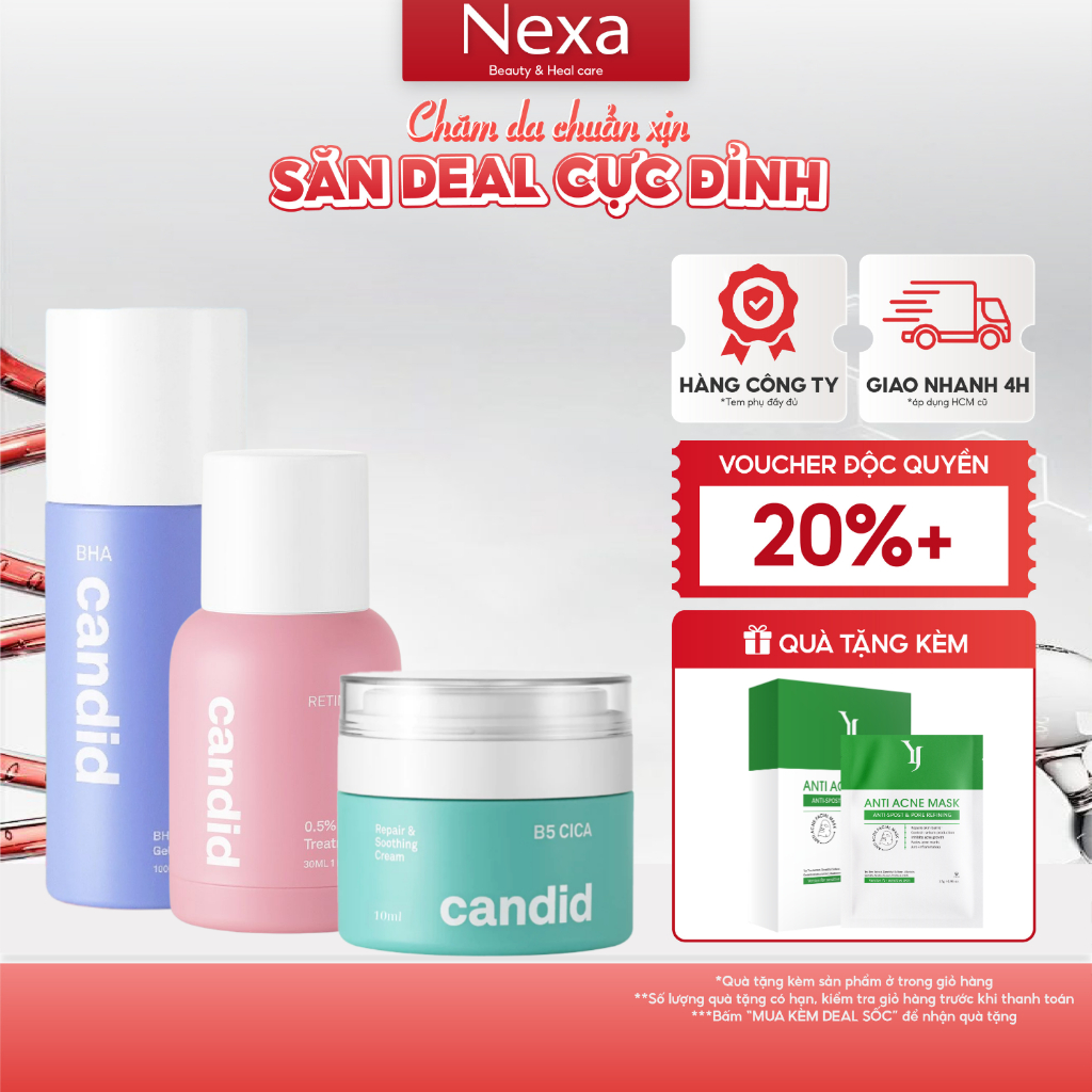 Bộ Ba Hỗ Trợ Cải Thiện Và Phục Hồi Da Candid Retinol 0.5% 30ml & Kem Dưỡng B5 Cica 50ml & BHA 100ml
