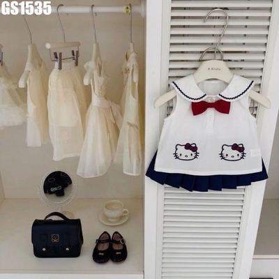 Set Bé Gái Áo Sát Nách Cổ Sen Nơ Đỏ Họa Tiết Mèo Phối Chân Váy Xếp Ly Navy MINTSCLOSET GS1535