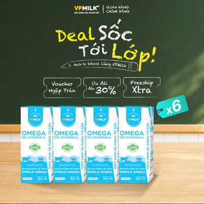[Combo 6 lốc]Sữa Dinh Dưỡng Tiệt Trùng VPMilk Omega ÍT ĐƯỜNG dạng HỘP 180ml (4 hộp x 6)
