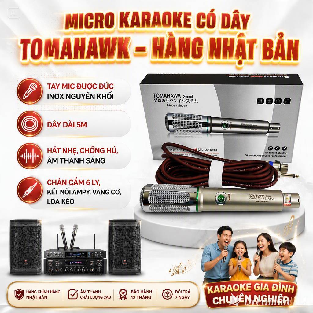 Micro Karaoke Có Dây Tomahawk Cao Cấp Thu Âm Nhạy, Trong Tiếng Mic Cho Dàn Karaoke