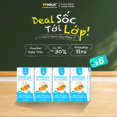 [NỬA THÙNG 6 lốc] Sữa trái cây VPMILK Omega vị CAM tự nhiên hộp 110ml (4 hộp x 6)