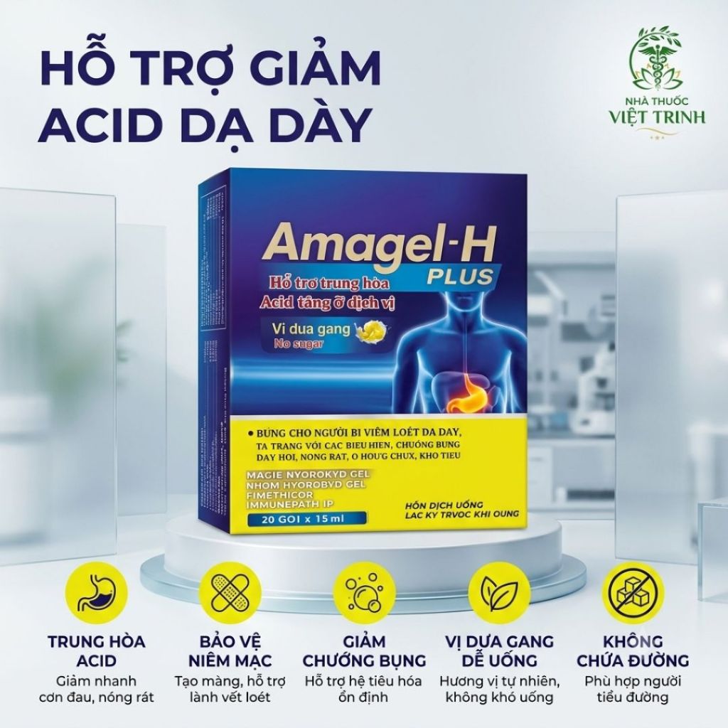 Hộp 20 gói-Gel dạ dày Amagel-H, gel dạ dày hỗ trợ giảm trào ngược dạ dày, ợ chua, hỗ trợ giảm dịch v