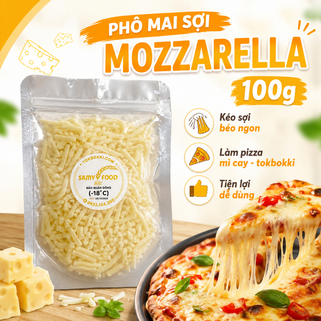 Phô Mai Mozzarella Sợi 100g - Phô Mai Kéo Sợi Phủ Pizza, Tokbokki, Gà Cay, Bánh Mì Nướng